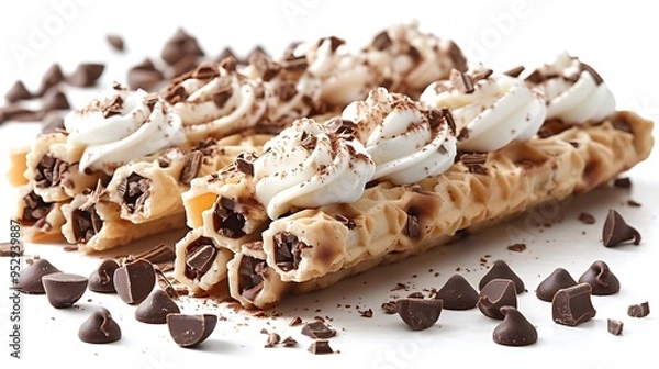 Fototapeta Crispy wafer rolls filled with whipped cream and topped with chocolate chips on white background.