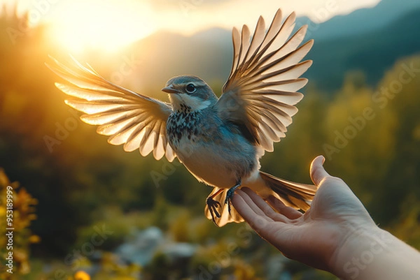 Fototapeta A bird taking flight from the hand of an adventurer