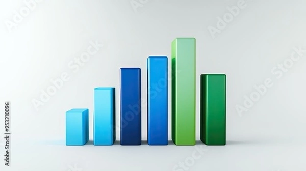 Fototapeta A 3D bar graph with blue and green bars rising against a white background, representing business growth