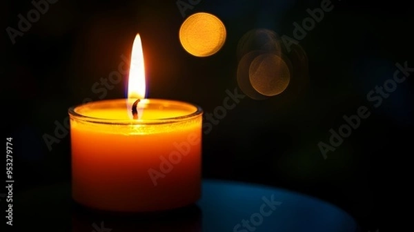 Fototapeta A glowing candle with a vibrant flame, creating a warm and inviting atmosphere against a dark background.