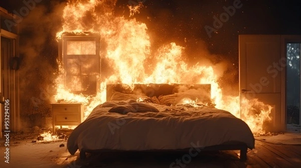 Fototapeta Raging Bedroom Fire Engulfing Furniture with Intense Flames and Thick Smoke