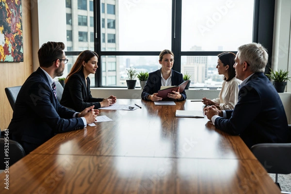 Fototapeta Dynamic Job Interview: Diverse Business Panel Meets Confident Candidate in Modern Office Setting