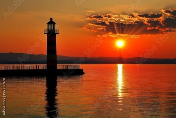 Fototapeta Lighthouse reflecting on calm water at sunset with sunrays