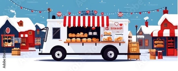 Fototapeta Bakery truck with a cozy, inviting design, serving freshly baked goods in a quaint village setting