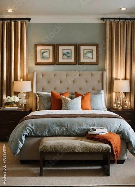 Fototapeta interior of classic bedroom, comfortable king size bed. ai generative