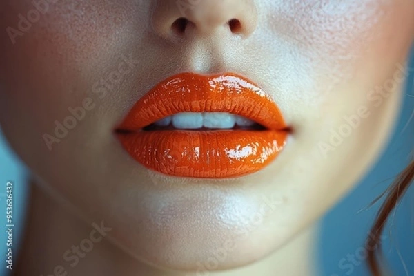 Fototapeta Close-Up of Glossy Orange Lips Against Soft Blue Background