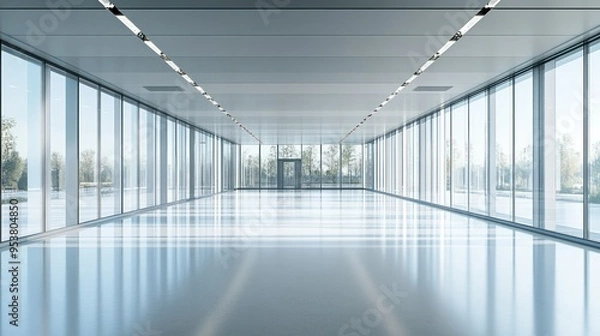 Fototapeta Modern Office Hallway with Glass Walls and a View of Trees