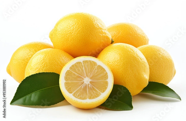 Fototapeta Pile of Fresh Lemons with a Lemon Slice and Leaves on a White Background
