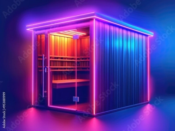 Fototapeta A small wooden structure with neon lights surrounding it. The neon lights give the sauna a futuristic and modern look