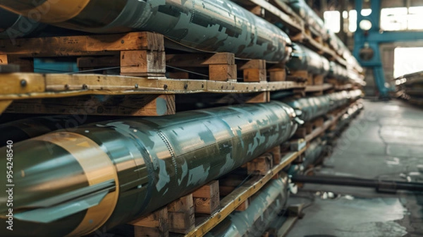 Fototapeta Warehouse. Military missiles on pallets.