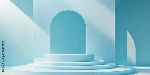 Fototapeta Empty podium with stairs and geometric shapes in pastel blue composition for contemporary stage display and minimalist mockup abstract showcase background 3D illustration or render concept