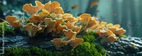 Fototapeta Intricate coral fungi on mossy log, 4K hyperrealistic photo