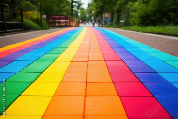 Fototapeta Rainbow Pavement: A vibrant and colorful pathway paved with rainbow-colored bricks, symbolizing hope, diversity, and inclusivity. The path stretches forward, inviting viewers to embrace the spectrum o