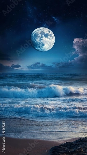 Fototapeta A serene night scene featuring a full moon illuminating calm ocean waves under a starry sky, evoking tranquility and beauty.