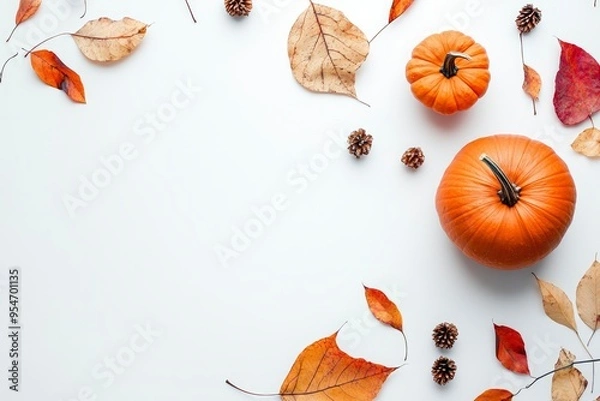 Fototapeta Banner for Thanksgiving Day with Pumpkin and autumn dry leaves,squash on white background. View from above. Copy space with generative ai