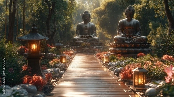 Fototapeta Serene garden path with Buddha statues and lanterns.