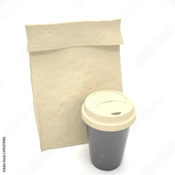 Fototapeta Coffee to go and lunch bag, on white.