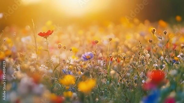 Fototapeta A field of flowers with a bright sun shining on them