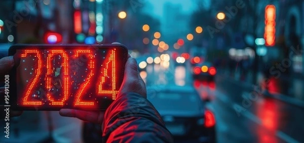 Fototapeta Neon-lit handheld LED sign displaying "2024" on a blurry city street at night.