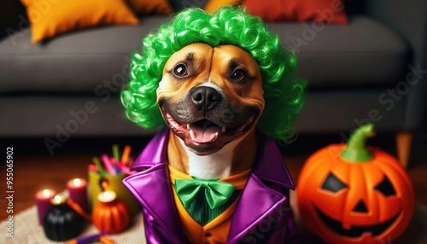 Fototapeta Description: Celebrate Halloween with this adorable dog dressed as a whimsical character, surrounded by festive decorations, perfect for pet lovers and holiday promotions.