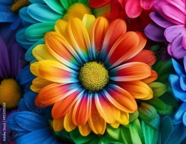 Fototapeta top view of beautiful rainbow colored daisy flower