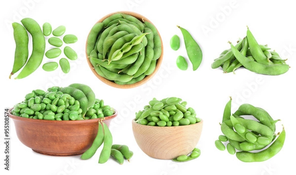 Fototapeta Fresh green soy beans isolated on white