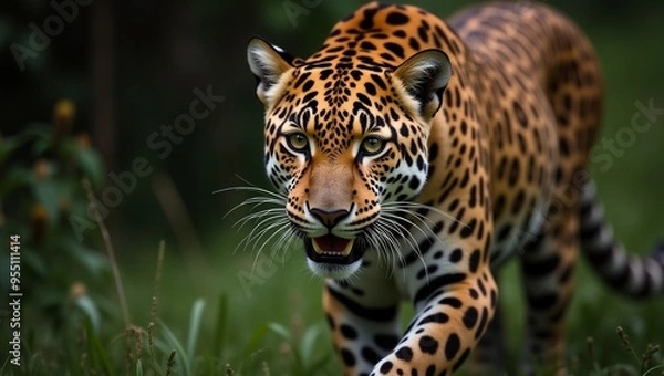 Fototapeta a leopard running through the grass with a tree in the background.