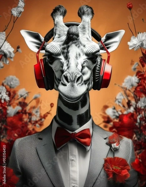 Fototapeta portrait of a smiling giraffe, with a red headphone, surrounded with flowers and blossoms