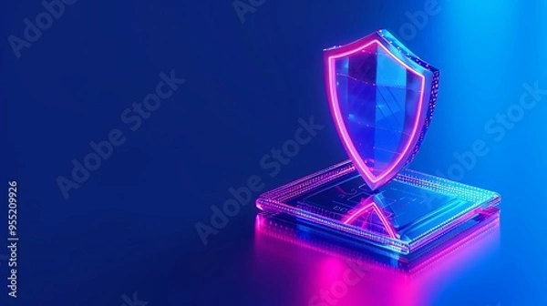 Fototapeta Neon shield icon in pink and blue light on a glass stand, representing data security and digital protection in a futuristic style.