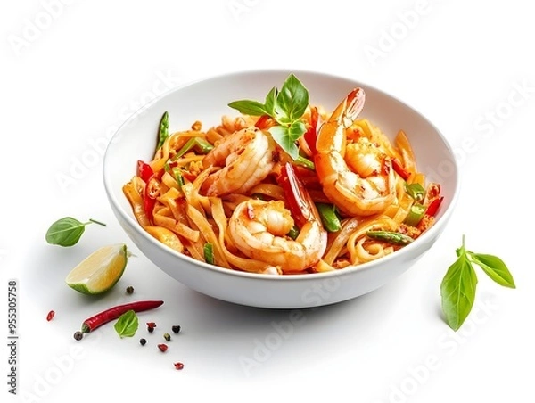 Fototapeta Delectable Pad Thai Noodles with Shrimp and Fresh Spring Rolls on Isolated White Background