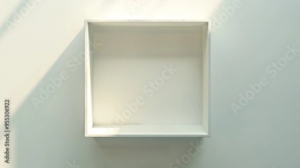 Fototapeta Minimalist white square shelf on a plain wall with shadows