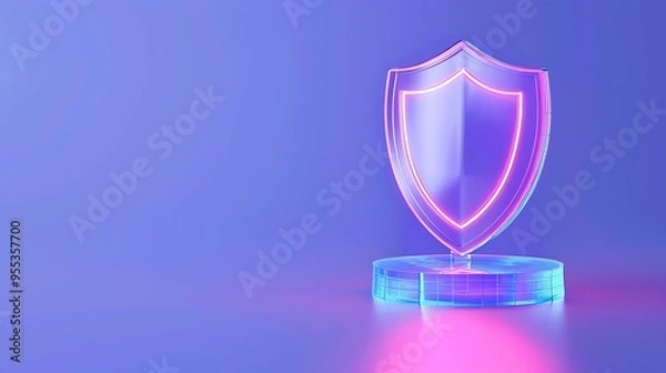 Fototapeta 3D glowing shield symbolizing cybersecurity, protection, and data security on a vibrant blue and pink gradient background.