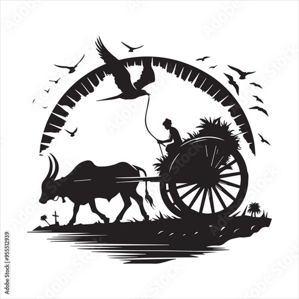 Fototapeta bullock cart wheel silhouette vector With White Background 