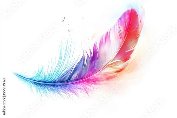 Fototapeta Colorful feather with vibrant hues and fluid motion against a clean white background