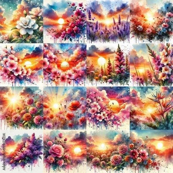 Obraz watercolor flowers and sunset drawing style floral background. AI generated illustration