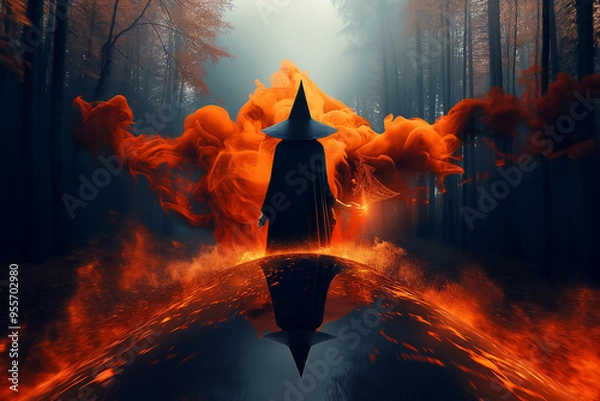 Fototapeta In a shadowy forest, a witch in a pointed hat stands with an aura of flames erupting around her, creating a captivating and eerie Halloween atmosphere