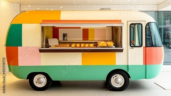 Fototapeta Mobile bakery truck with retro 1970s design, bold and colorful, serving nostalgic pastries in a lively setting