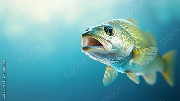 Fototapeta A fish is swimming in the ocean with its mouth open