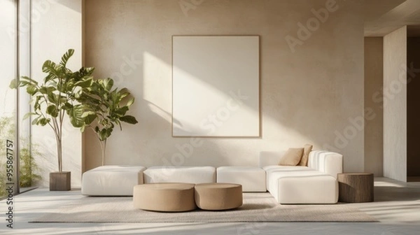 Fototapeta Minimalist Living Room Interior with White Sofa and Blank Canvas