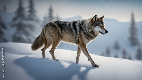 Fototapeta Gray Wolf Walking in Snow  Winter Landscape