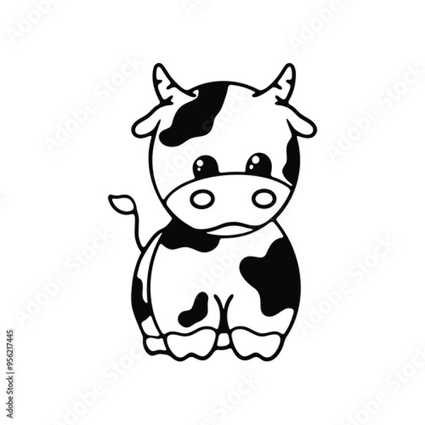 Fototapeta A charming black and white line drawing of a cute cartoon cow with large expressive eyes and a rounded body