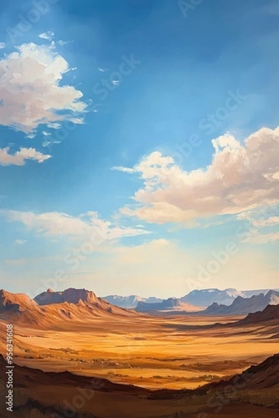 Fototapeta Oil painting depicting a panoramic view of a vast desert landscape during sunset showcasing a blue sky with light clouds