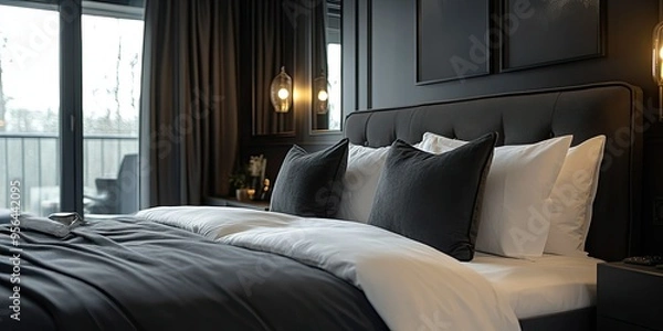 Fototapeta luxury dark grey hotel room with charcoal modern set of bed and beautiful view balcony 