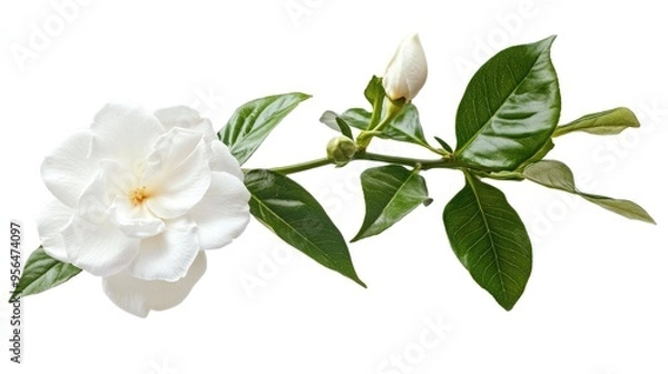 Fototapeta A single white gardenia flower with green leaves isolated on a white background. The flower is in full bloom and the leaves are lush and green.