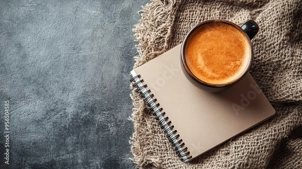 Fototapeta Overhead shot of a cup of coffee and a blank notebook on a rustic surface.