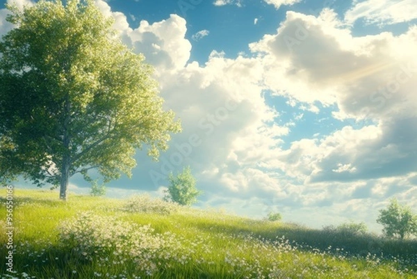 Fototapeta a serene landscape with a few trees swaying gently in the breeze and a sunny sky above