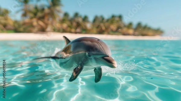 Fototapeta Playful dolphin swimming gracefully in crystal clear turquoise waters alongside a sunlit sandy beach lined with lush tropical palm trees.