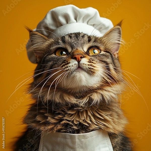 Fototapeta Cat chef with white hat and apron against a vibrant yellow background