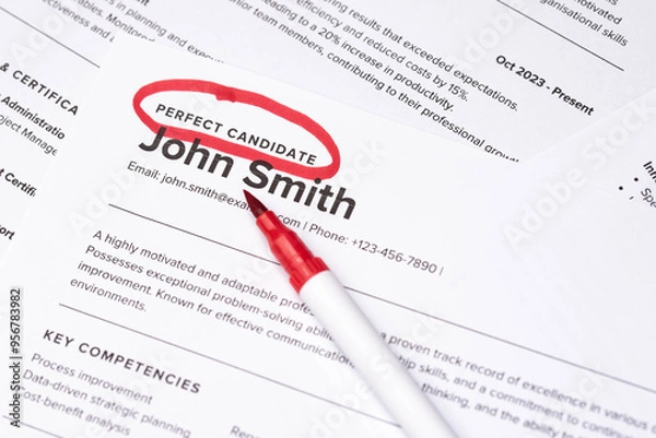 Fototapeta Fake mock CV (curriculum vitae) resume for John Smith, selected by HR as the perfect candidate for a job. Concept of job search, employee selection, recruitment process, work and hiring.