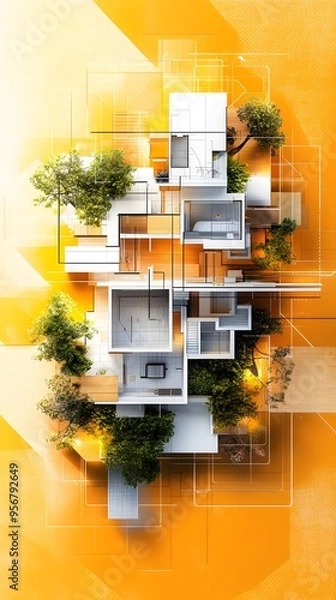 Fototapeta Modern Architecture Design with Geometric Patterns and Greenery.